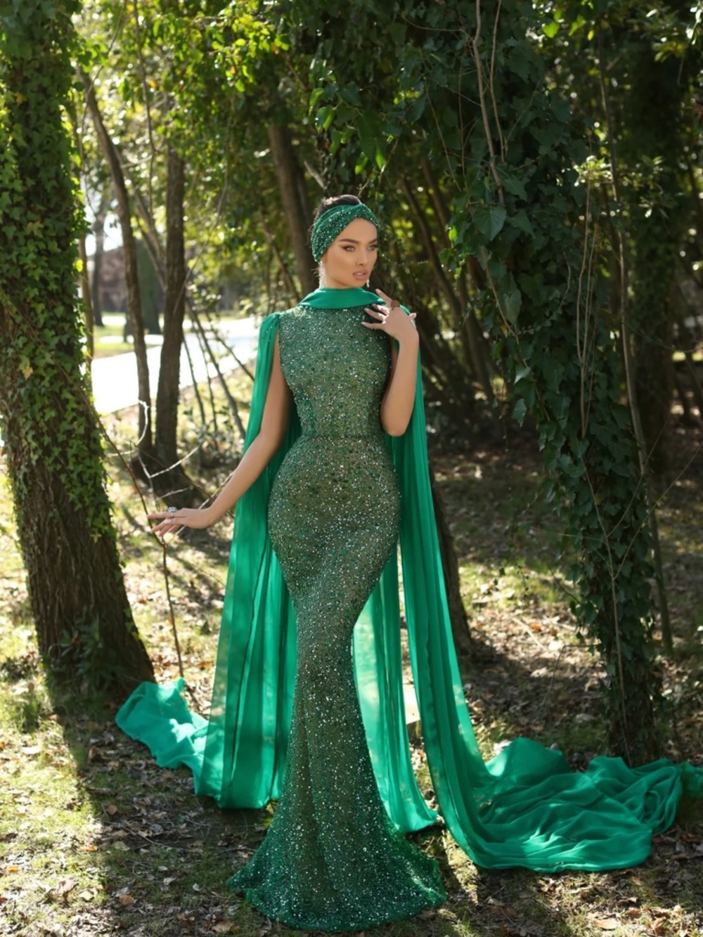Green Sequined Mermaid Maxi Dress with Draped Cape